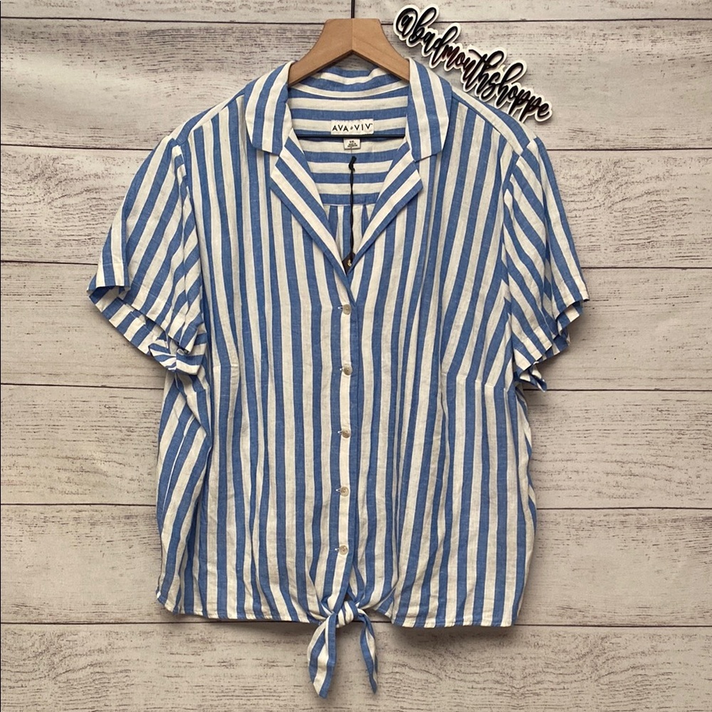 *Ava & Viv for Target Blue White Stripe Linen Button Down Tie Waist Top Plus XXL